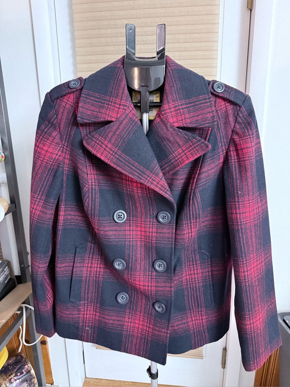 Old Navy Black and Red Plaid Double-Breasted Peacoat XL NWT wool blend